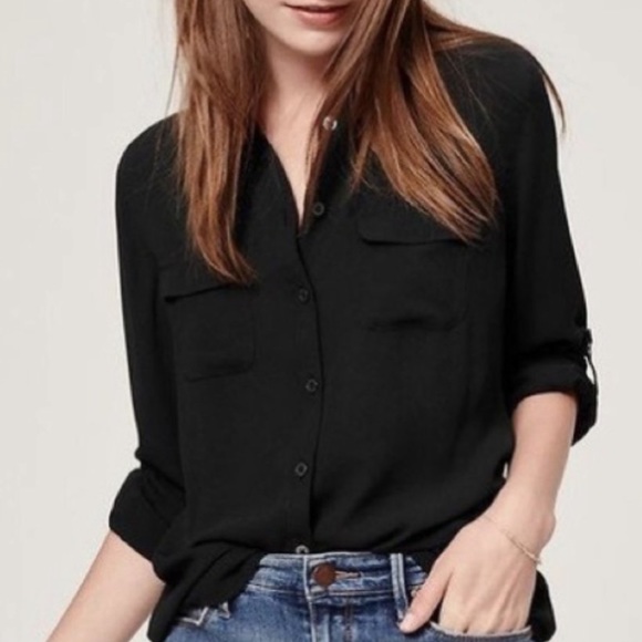 LOFT Tops - Ann Taylor Loft Button Front Tab Sleeve Lightweight Shirt Black Size Small NWT